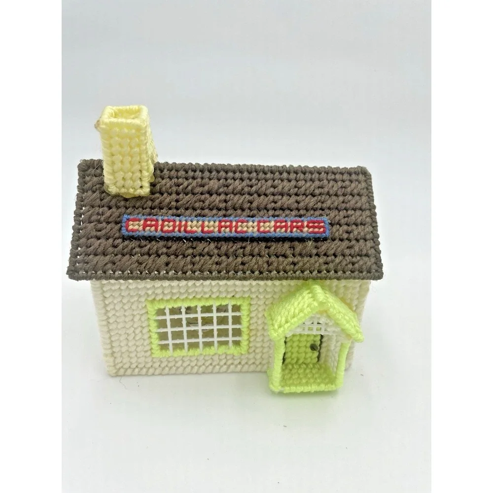 Vtg 70s Yarn Needlepoint Completed Car Dealership‎ &Cottage House Plastic Canvas